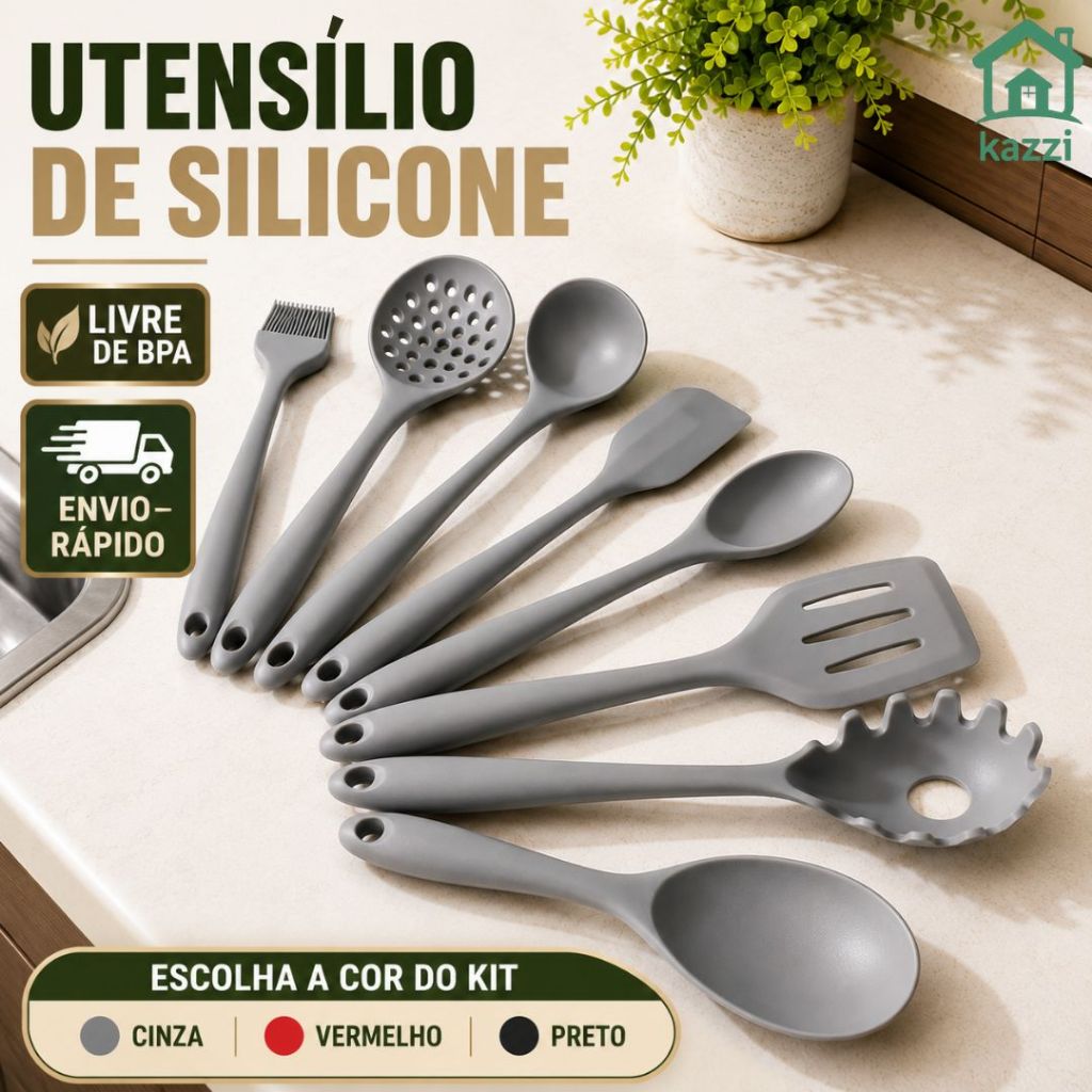 Kit 7 Utensílios para Cozinha de Silicone Colher Espátula Concha Jogo de Talhares Antiaderente