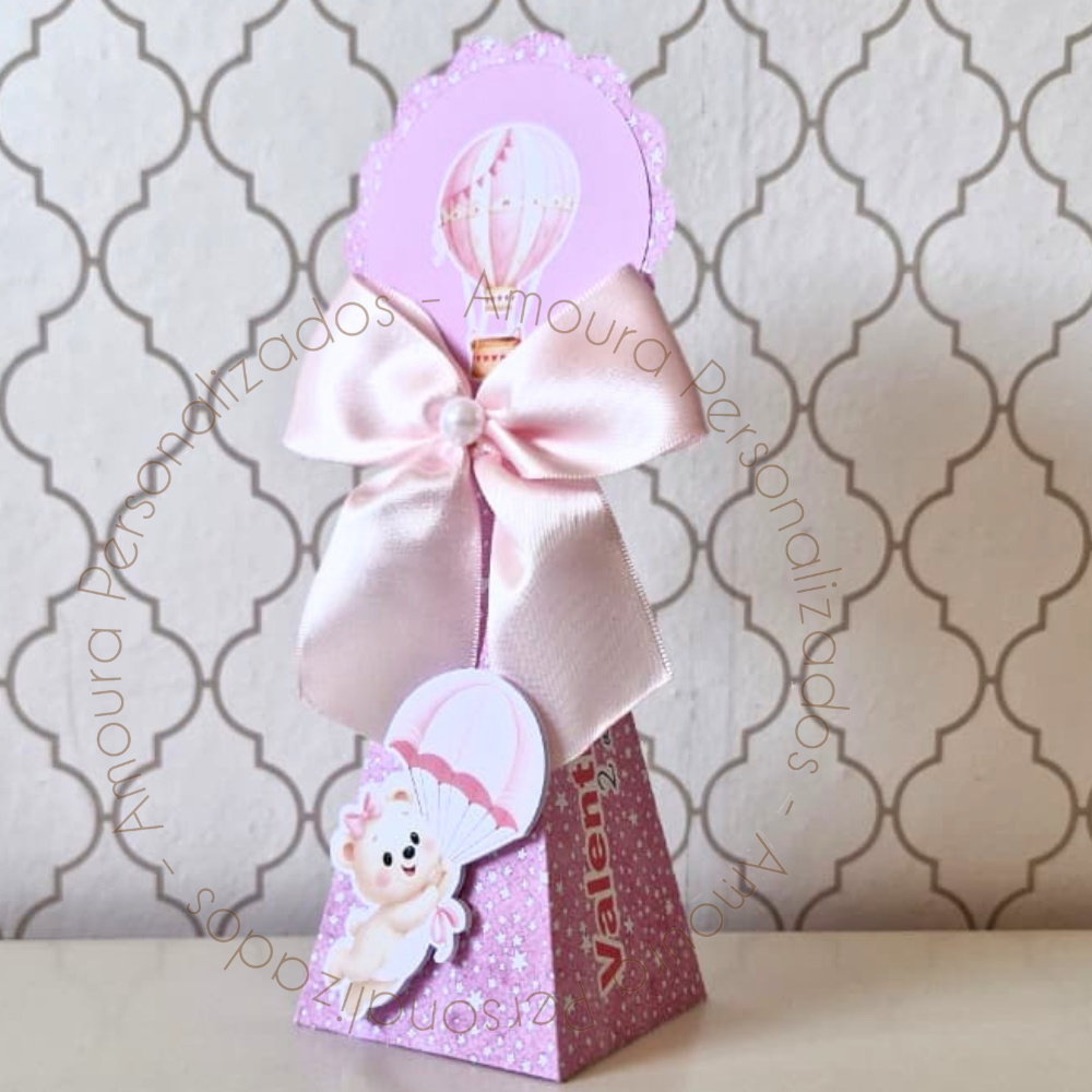 CAIXA PIRÂMIDE PERSONALIZADA PARA LEMBRANCINHAS URSINHA BALOEIRA ROSA|CAIXINHA|FESTA|ANIVERSARIO URSA