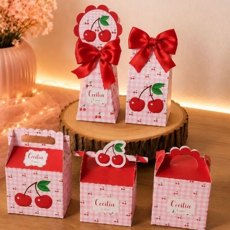 🍒 Kit Festa Personalizado Cereja Infantil | Caixinhas Lembrancinhas Aniversário 1 Ano Menina | Tema Cerejinha