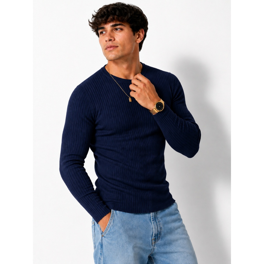 Camisa Masculina Malha Canelada Manga Longa Slim Premium