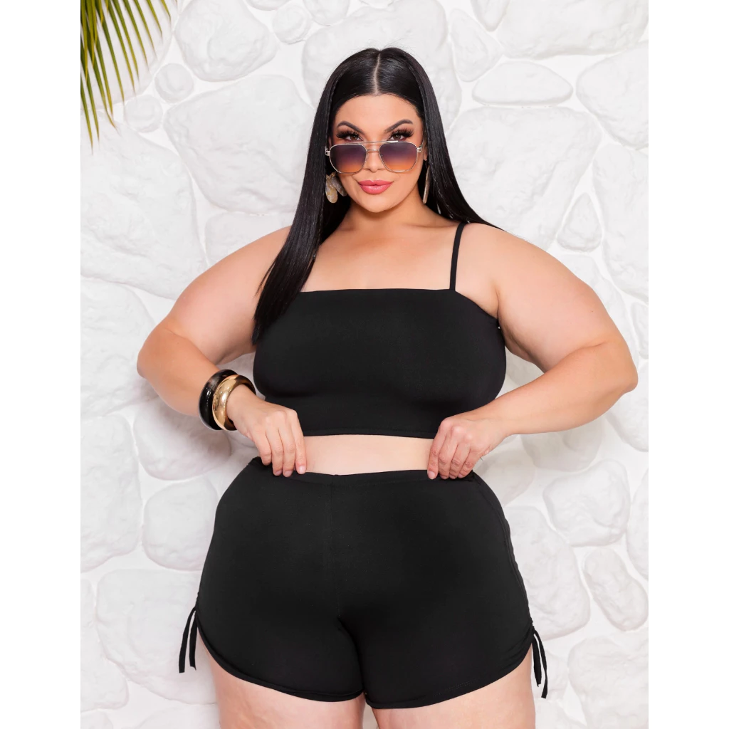 Conjunto Biquíni Plus Size Feminino Top Faixa Alça Regulável Short Cintura Alta Regulagem Lateral Moda Praia Confortável — imagem 1