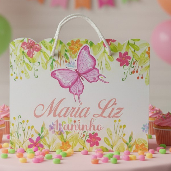 Sacolinha (G) Personalizada Lembrancinha Jardim das Borboletas.