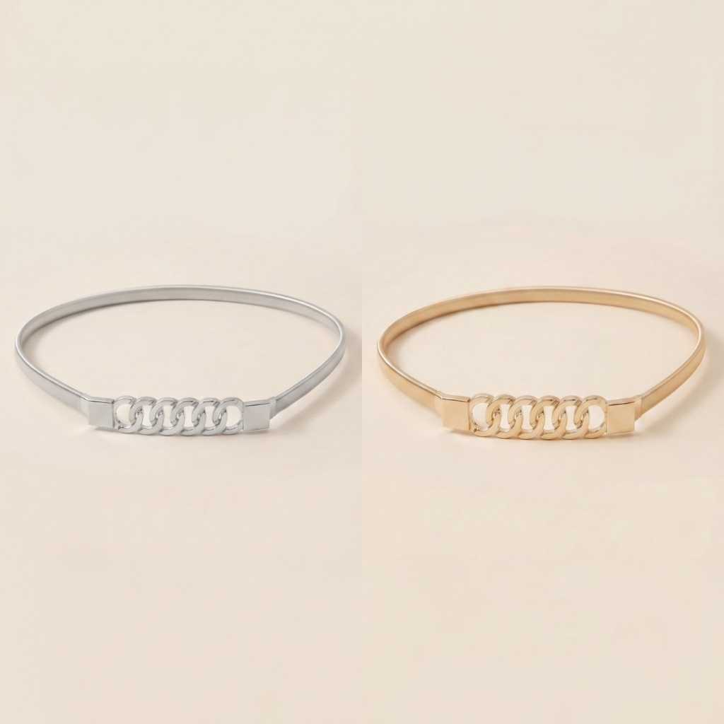 Kit 2 Cinto Fino Metal Elástico Feminino Fivela Alongada Básico Elegante