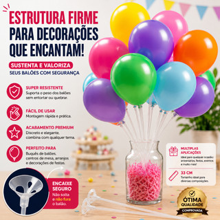 KIT 100 Pega Balão Bexiga Vareta Suporte Centro de Mesa 33 cm