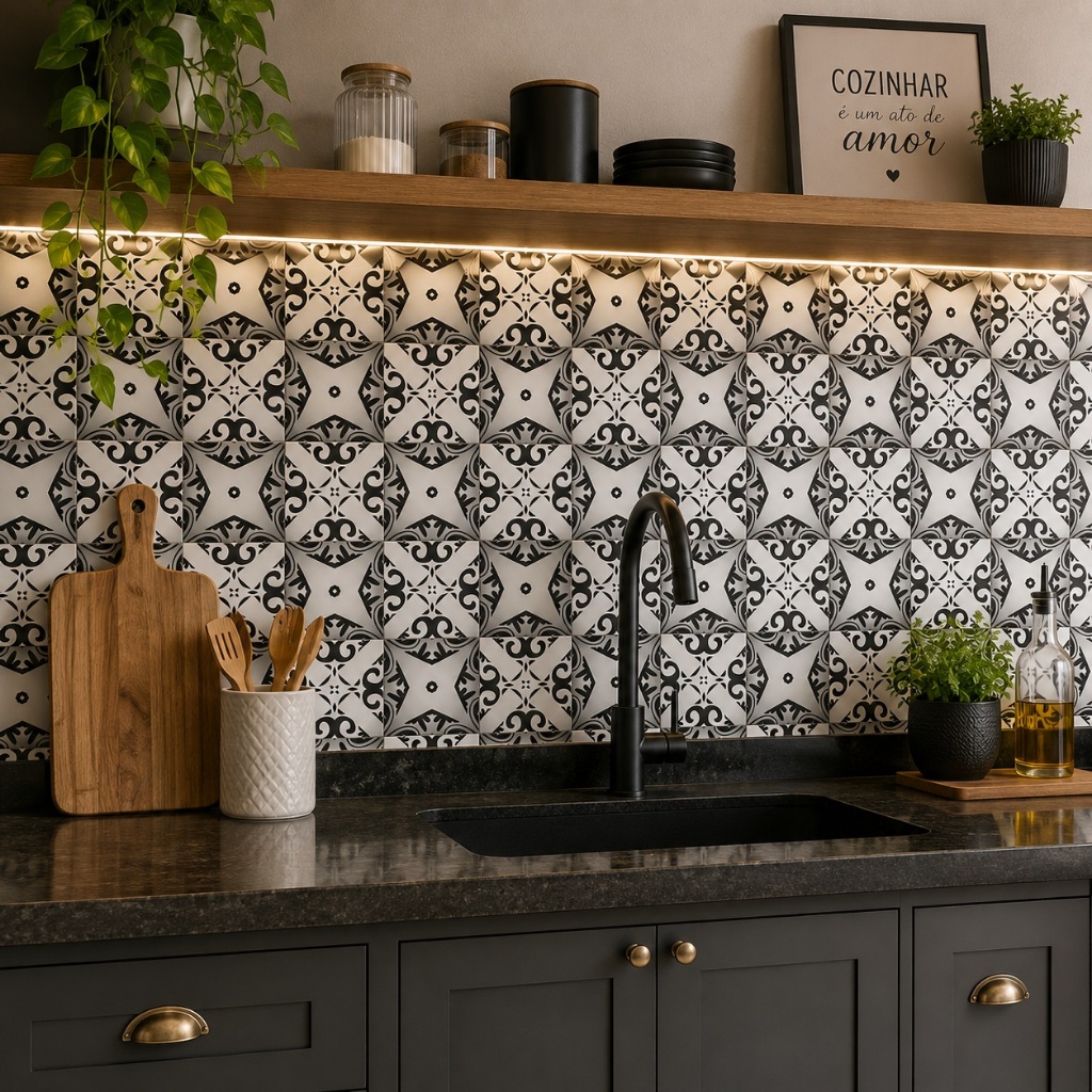 Azulejo Papel De Parede Decorativo Cozinha Preto E Branco 5 Metros