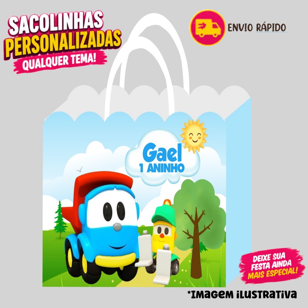 Sacolinha LÉO O CAMINHÃO  Personalizados | Sacolinha | Lembrancinha | Mimos | Aniversário (PEGUE E MONTE)