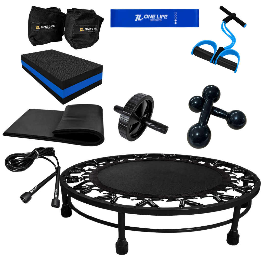 Imagem Kit Aeróbico Completo Mini Jump Halter 2kg Caneleira Step Roda Extensor Mini Band Corda Colchonete Treino Funcional