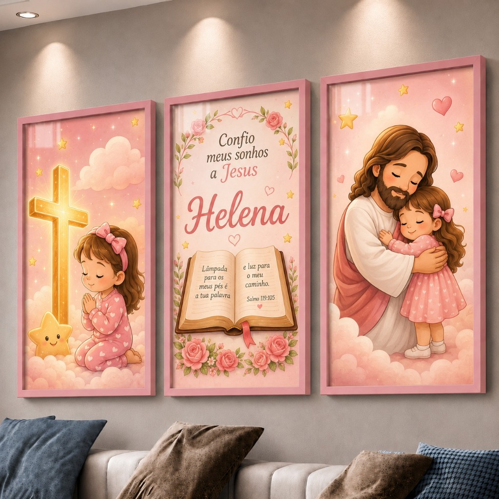 Kit 3 Quadros Decorativos Infantil Jesus com Menina, Cruz, Bíblia, Nome Personalizado e Frase Cristã para Quarto de Meni