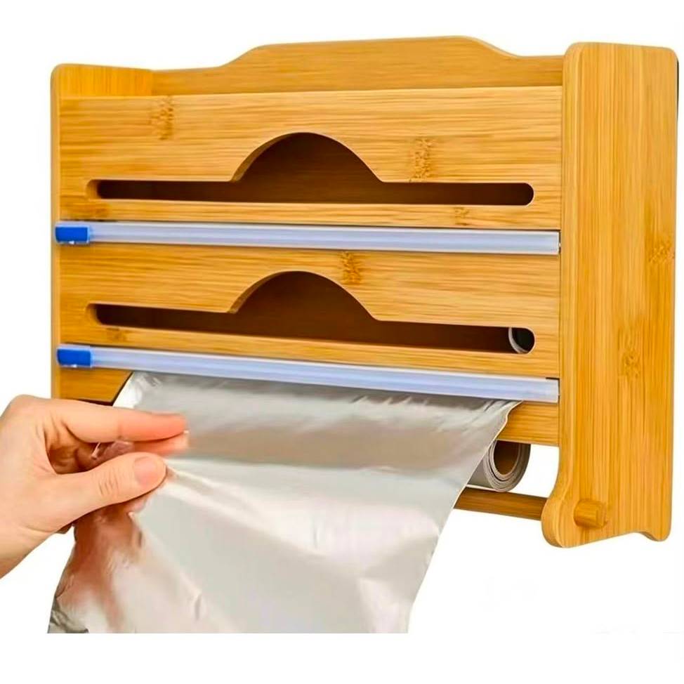 Porta Rolo Duplo Organizador Bambu Papel Alumínio Filme PVC Cortador Dispenser Cozinha Suporte y888