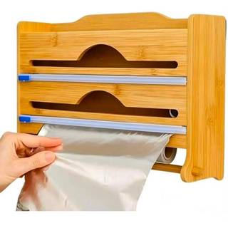 Porta Rolo Duplo Organizador Bambu Papel Alumínio Filme PVC Cortador Dispenser Cozinha Suporte y888