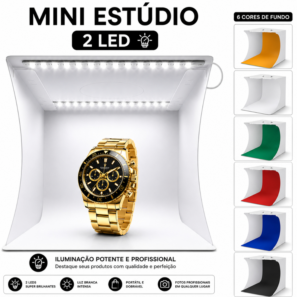 Mini Estúdio Fotográfico Portátil 2 LEDs USB 6 Cores De  Fundos para Fotos de Produtos
