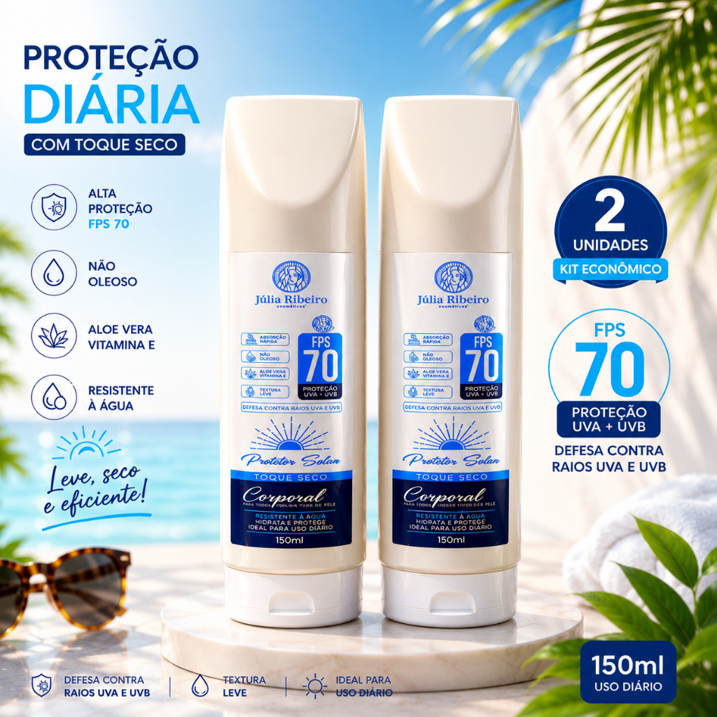 KIT 2 Protetor Solar FPS 70 150ml – Alta Proteção UVA/UVB | Toque Seco e Rápida Absorção