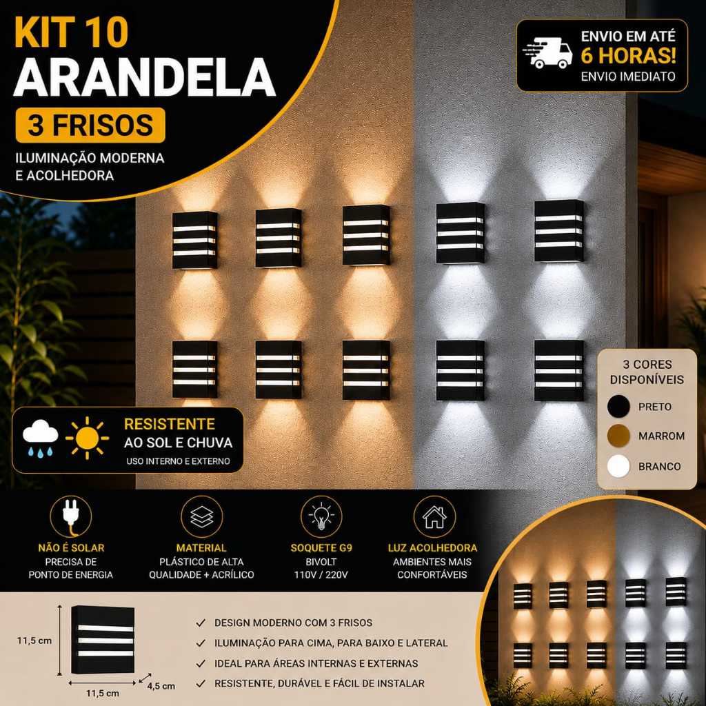 Kit 10 Arandela Luminária De Parede Slim 3 Focos 3 Frisos Uso Interno e Externo Acompanham Lâmpada Led 5w