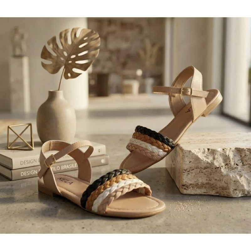 Sandália Feminina Rasteirinha Flat tiras trançadas confortável casual moda verão Regulável.