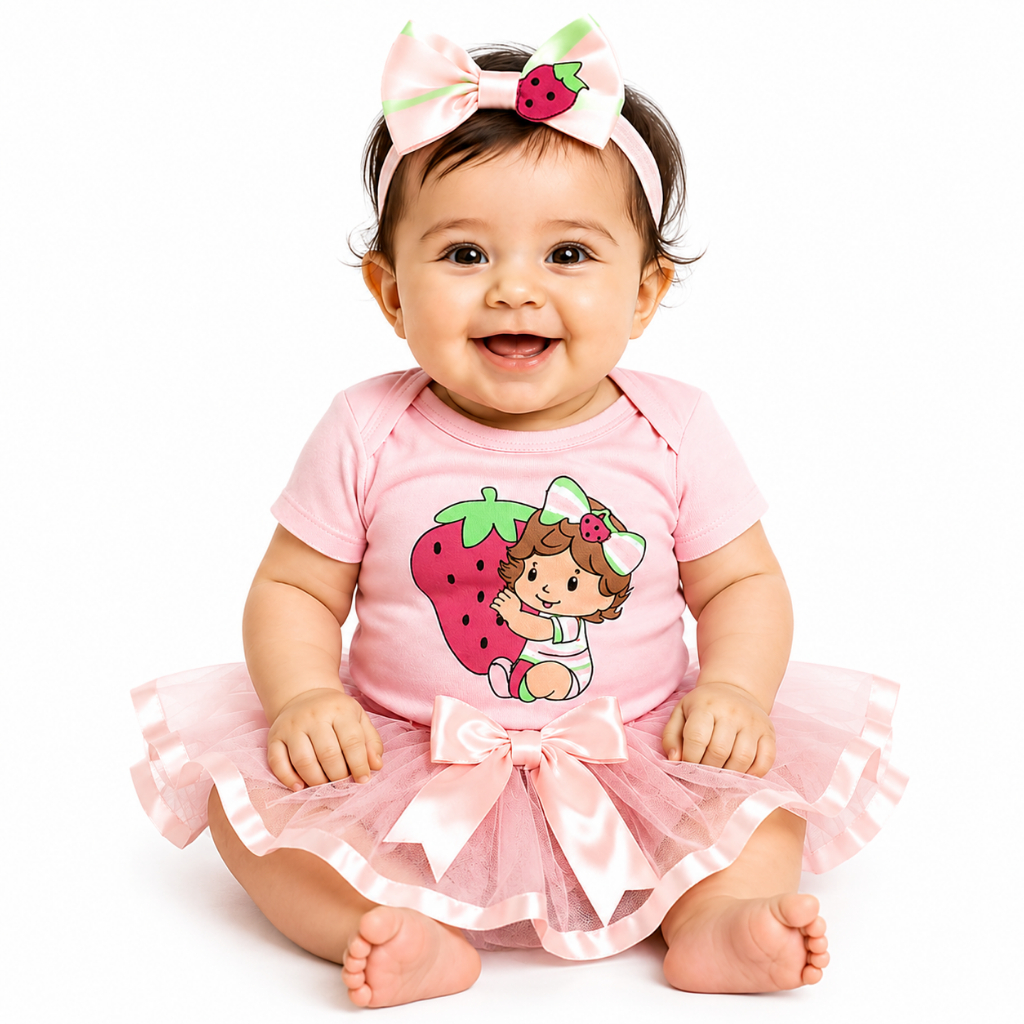 Body bebe Fantasia Mesversario Menina da Moranguinho Boneca - Suedine 100% Algodão