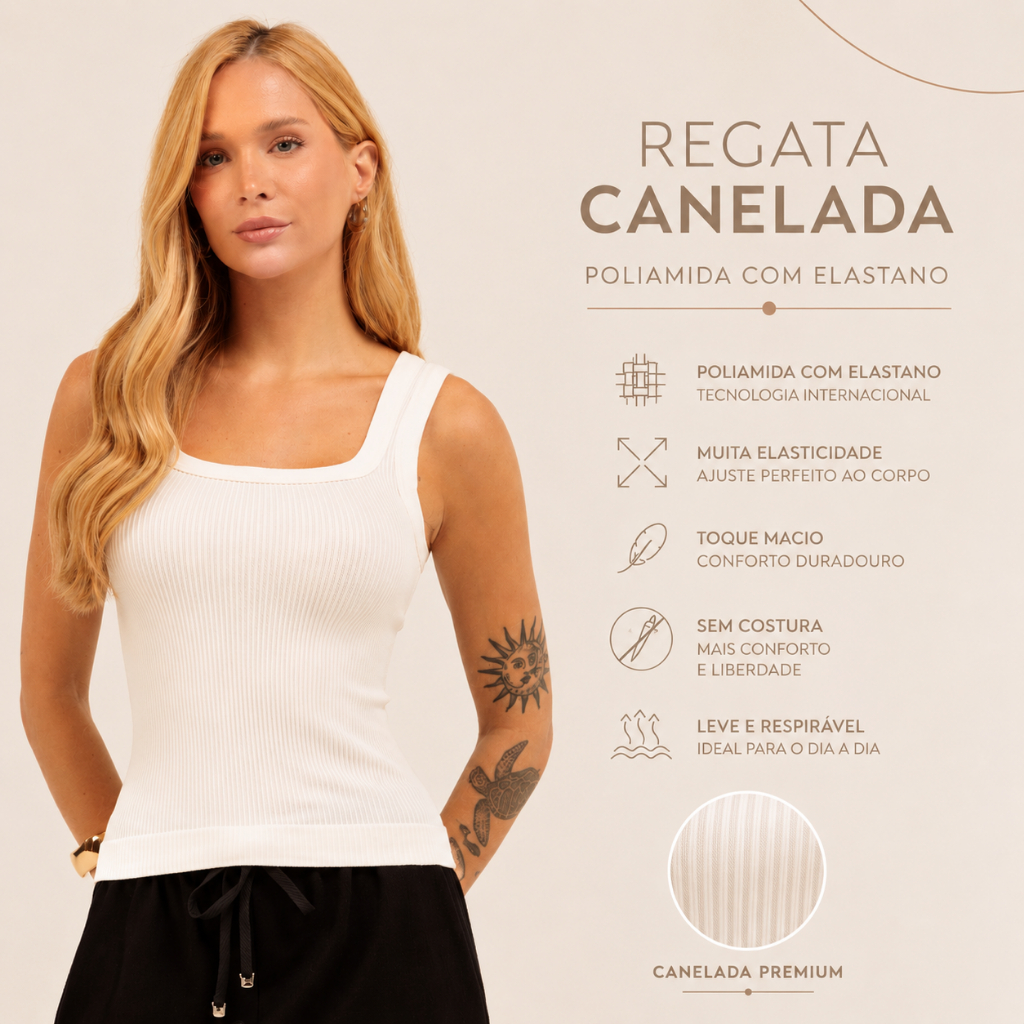 Regata Feminina Poliamida Canelada com Elastano Sem Costura Alta Elasticidade Toque Macio