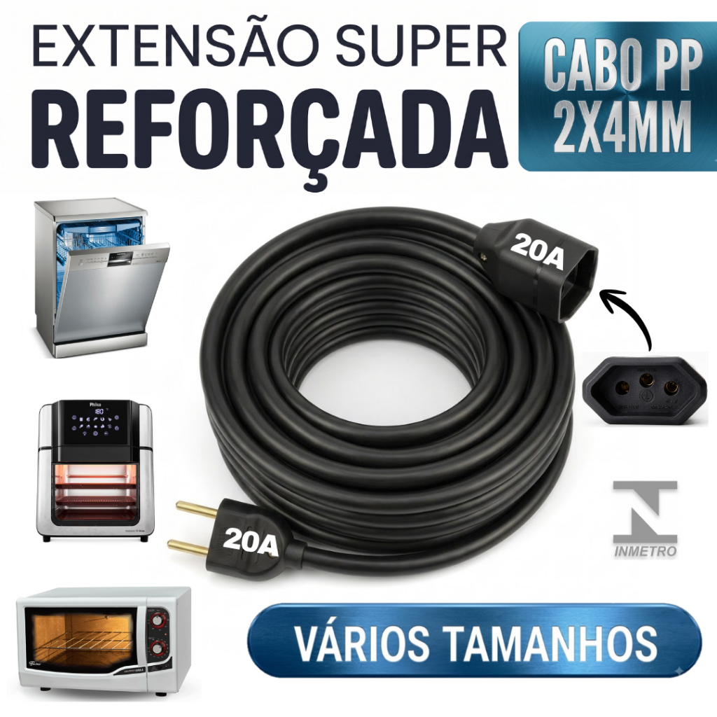 Extensão Elétrica 20A Cabo Grosso PP 2x4.0mm | 1m 2m 3m 5m 10m 15m 20m | Pino Grosso Para Equipamentos Potentes Bivolt