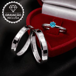 Aliança de Namoro Azul Par Prata Chanfrada 4mm + Solitário e Gravação