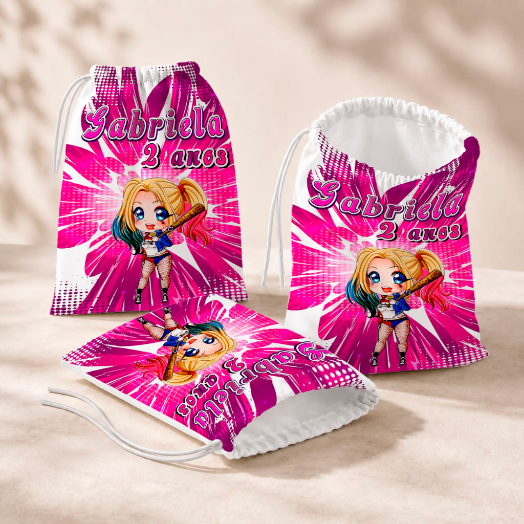 20 Sacolinhas Personalizada Festa Infantil 18x26 Aniversário Lembrancinha Arlequina Cute M2