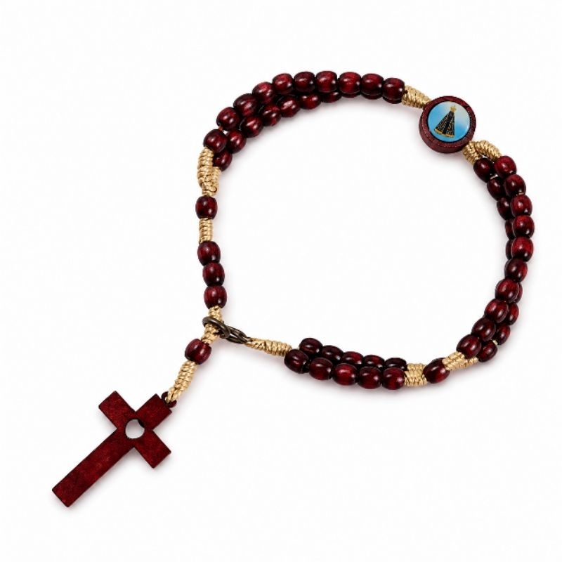 Terço Pulso Madeira Nossa Senhora Aparecida Resinado Acessório Religioso Regulavel Católico Lembrança