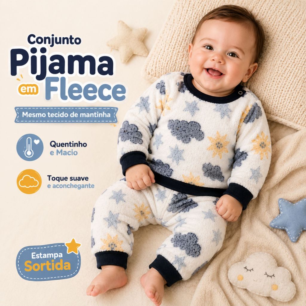 Conjunto Pijama Manga Longa Em Fleece Peluciado Para Bebê Menino Summer Cat | Quentinho E Macio | Sortido - 1 a 9 Meses