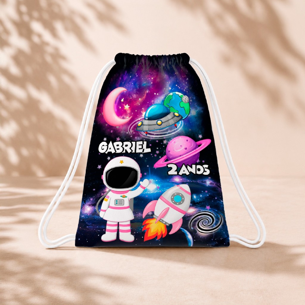 10 Mochila Personalizada Infantil 18x26 Sacolinhas Surpresa Festa Aniversário Lembrancinha Astronauta Rosa