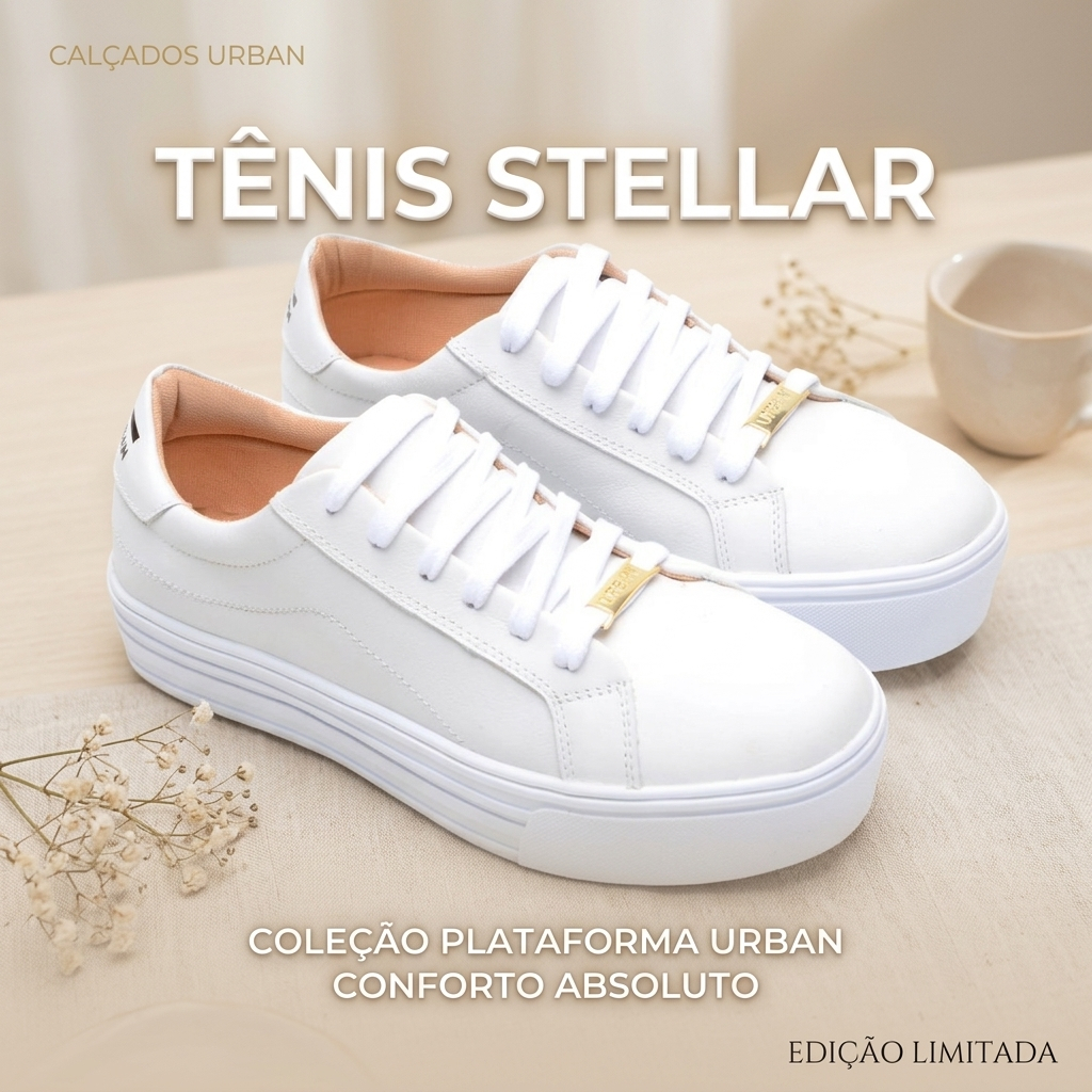 Tênis Feminino Plataforma Stellar Branco Casual Confortável Solado Alto Urban Edição Limitada