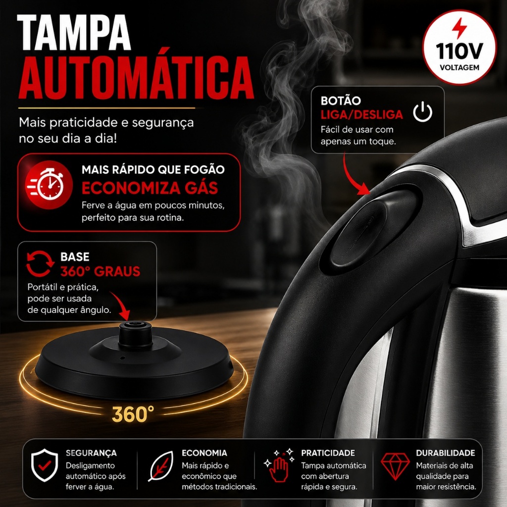 Chaleira Elétrica Inox 110V 1,8L Aço Inox Premium Base 360° Desligamento Automático café chá — imagem 2 de 2