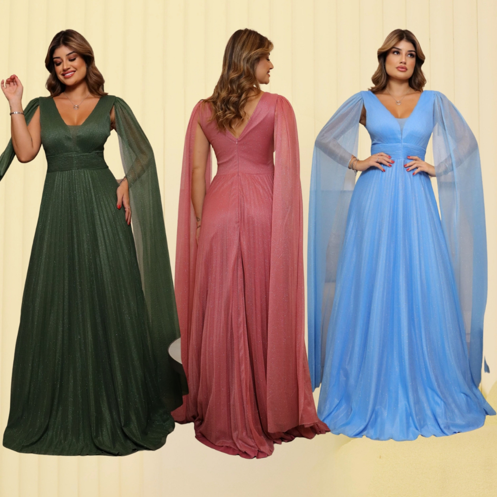 Vestido de Festa Longo Capa Fluida Saia Plissado Brilho Glitter Madrinha Casamento Formatura