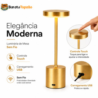 Abajur Luminaria de Mesa Touch Sem Fio Recarregavel LED 3 Cores Dimerizavel Dumbbell Quarto Bar - Envio Imediato