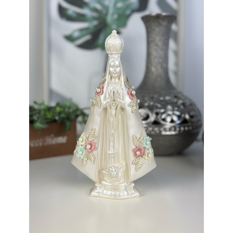 imagem nossa senhora aparecida 23cm manto bordado perola guipir gesso