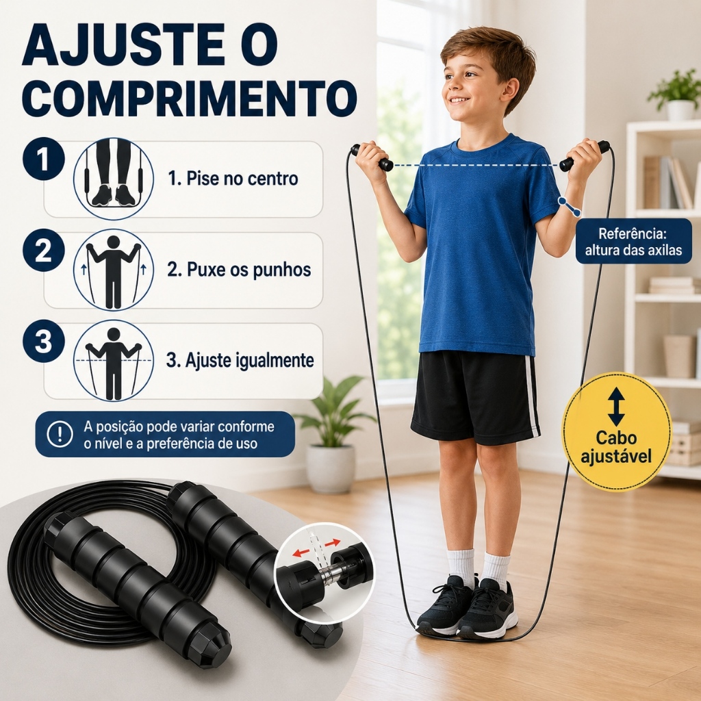 Corda de Pular 3 m com Cabo de Aço Ajustável e Rolamento 360° para Treino Funcional