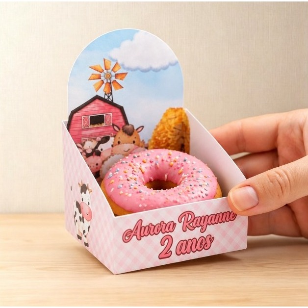 Porta Mini Donuts Personalizado FAZENDINHA | Lembrancinha Festa | Decoração Mesa | Nome e Idade