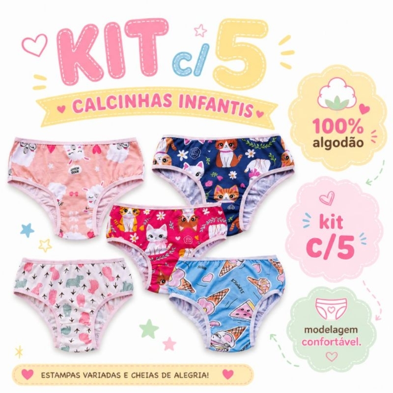 Kit 5 Calcinhas Infantis 100% Algodão Menina Modelagem Confortável Estampas Variadas Macias e Resistentes.