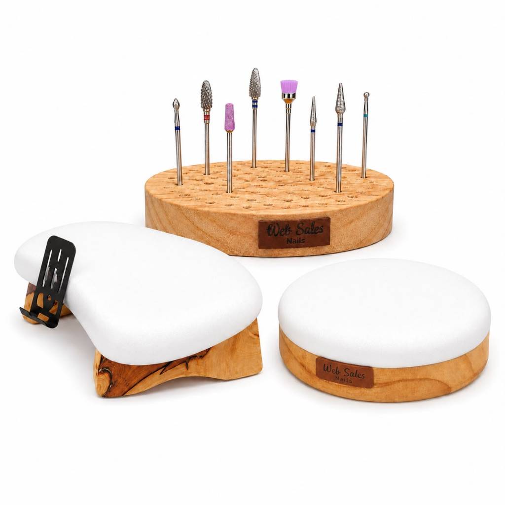 Kit Apoio de Mão Manicure Semi-Curvo Rústico Pro + Apoio de Cotovelo + Suporte Organizador Brocas Web Sales Nails
