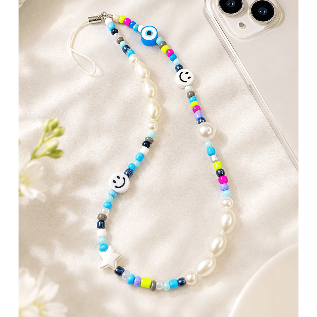 Cordão para Celular Smile Carinha Feliz Decorado - Phonestrap Colorido de Perola - Acessórios para Celular Artesanal