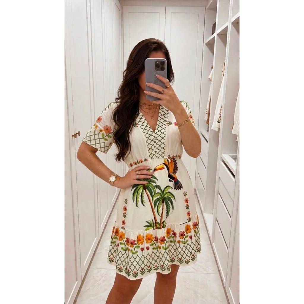 Vestido Curto Feminino Tropical em Viscolinho com Forro e Elástico na Cintura (34 ao 44)