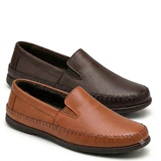 KIT COM 2 PARES-Mocassim Masculino de Couro Ecológico e Confortável – Sapato Casual Elegante e Leve - Café e Caramelo