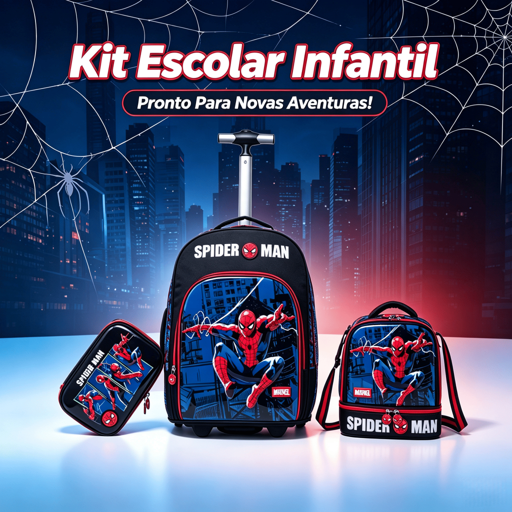 Kit Mochila De Rodinhas Spider Man Escolar Masculino Espaçosa