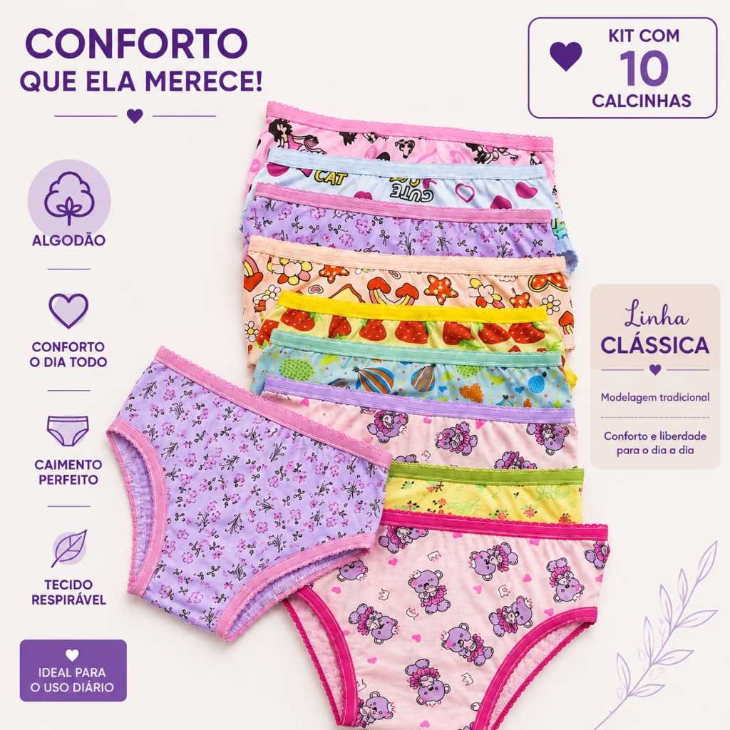 Kit 10 Calcinhas Infantil Menina  Algodão Estampadas Feminina Criança Confortável