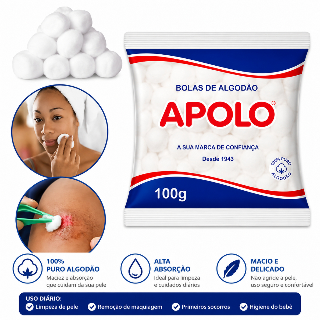 Algodão Apolo Bola 100g Original Macio e Absorvente - Escolha Kit com 1, 2, 3 ou 4 Unidades