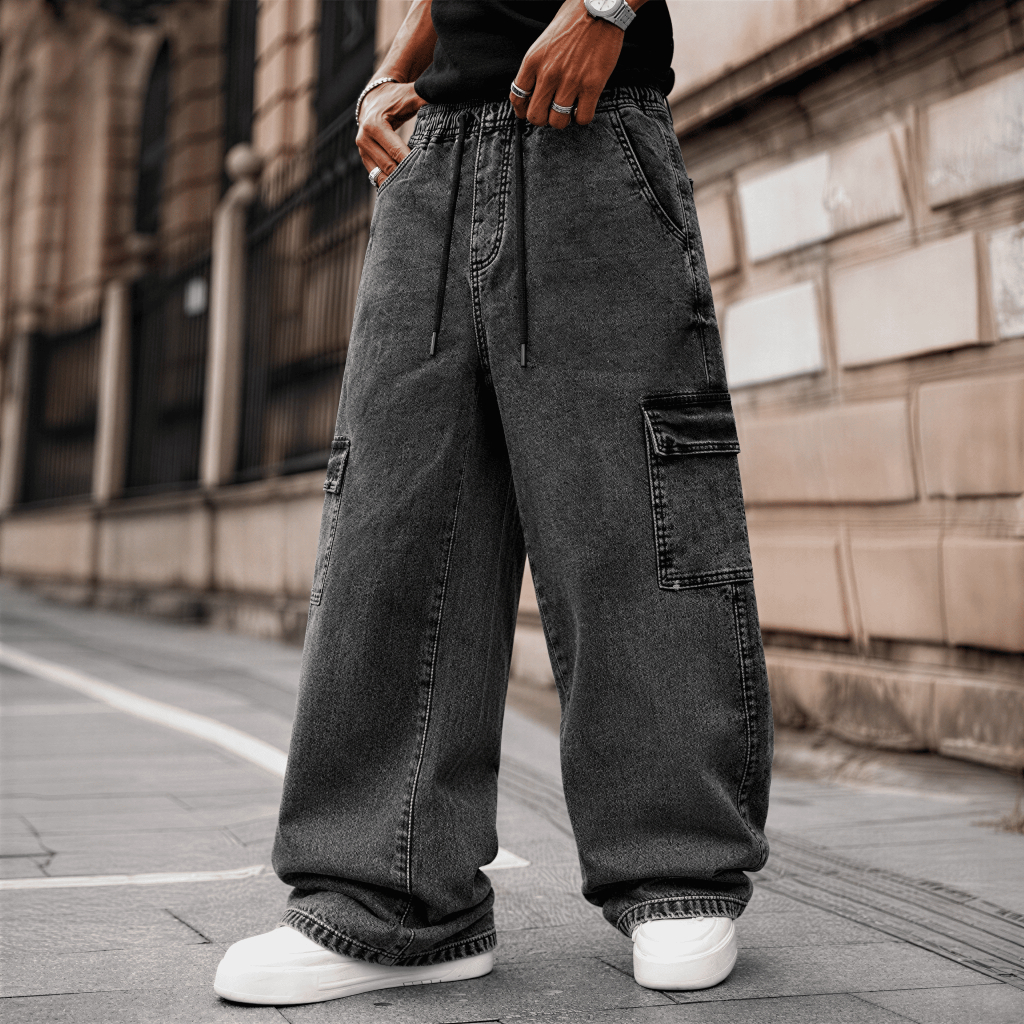 Cargo Masculina Sarja Jeans 6 Bolsos Com Punho Elástico Cintura Ajustável Casual Streetwear Moda Outono e Inverno Casual
