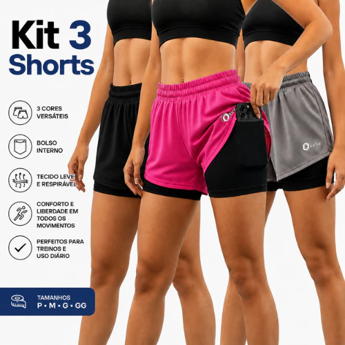 Kit 3 Shorts Feminino Dry Fit com Bolso para Celular | Academia, Corrida, Caminhada e Treino — imagem 1