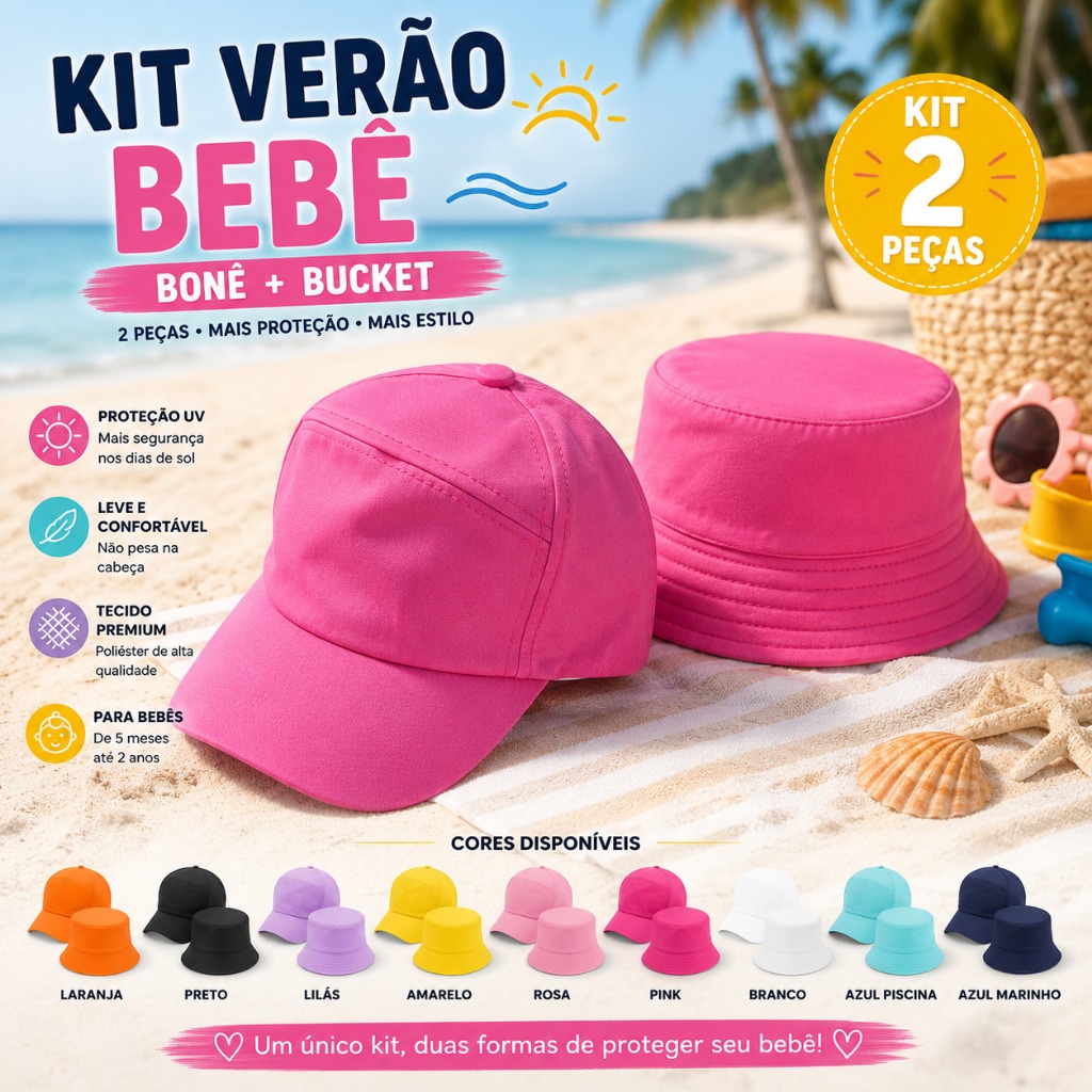 Kit Praia Bebê Boné Five Panel + Bucket Infantil 2 Peças Proteção Solar Verão 6 Meses a 2 Anos Menino e Menina