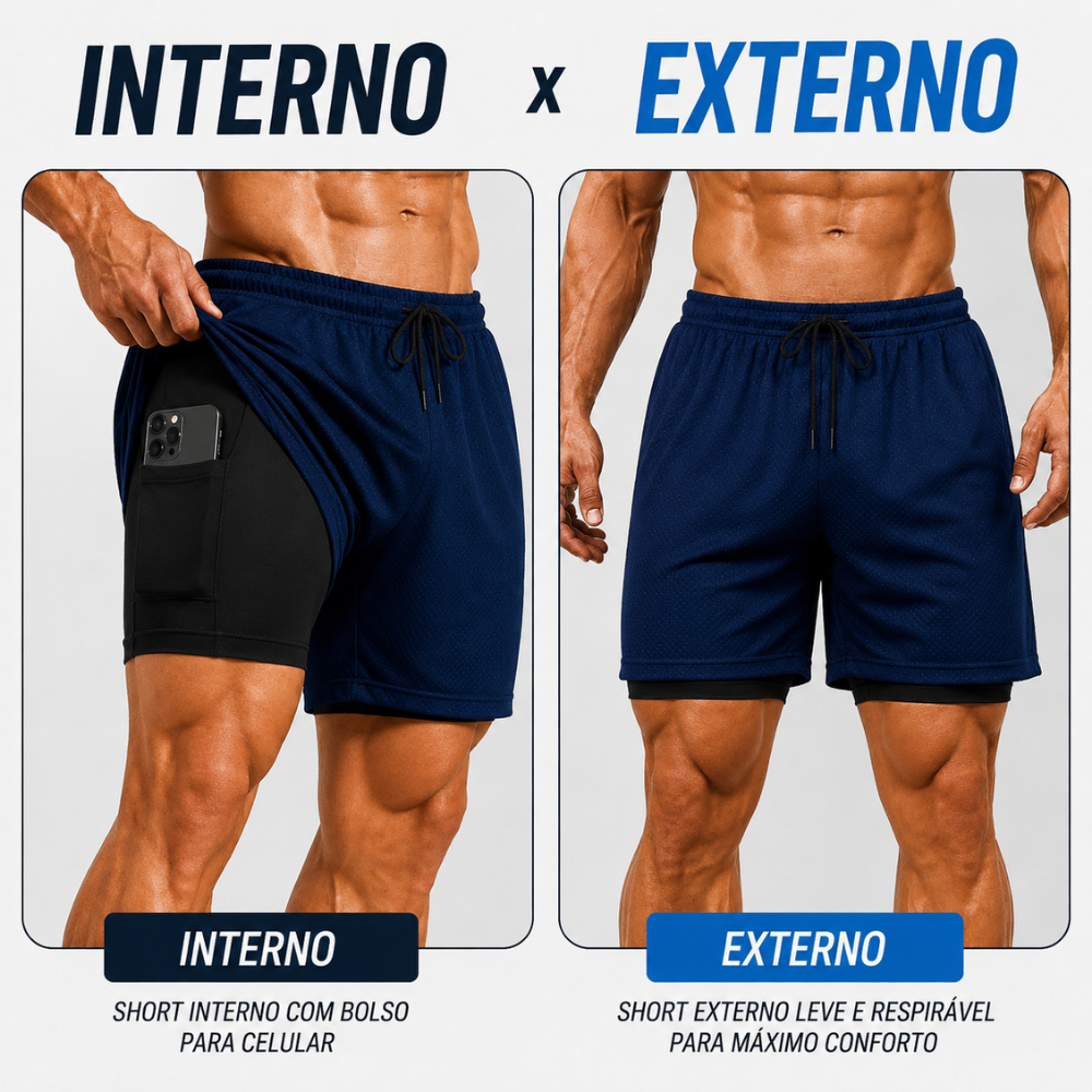 Bermuda Masculina 2 em 1 Compreesão Dry Fit Bermuda Com Elastano Academia Corrida Bike Tamanho P  GG