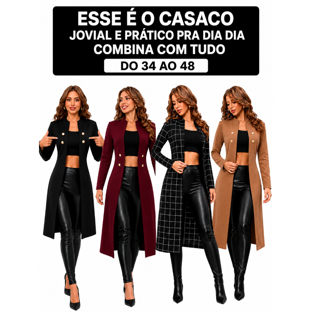 Sobretudo Feminino Social Plus Casaco Aberto na Frente Reto Roupa de inverno preto Estilo Cardigã Casual meia estação
