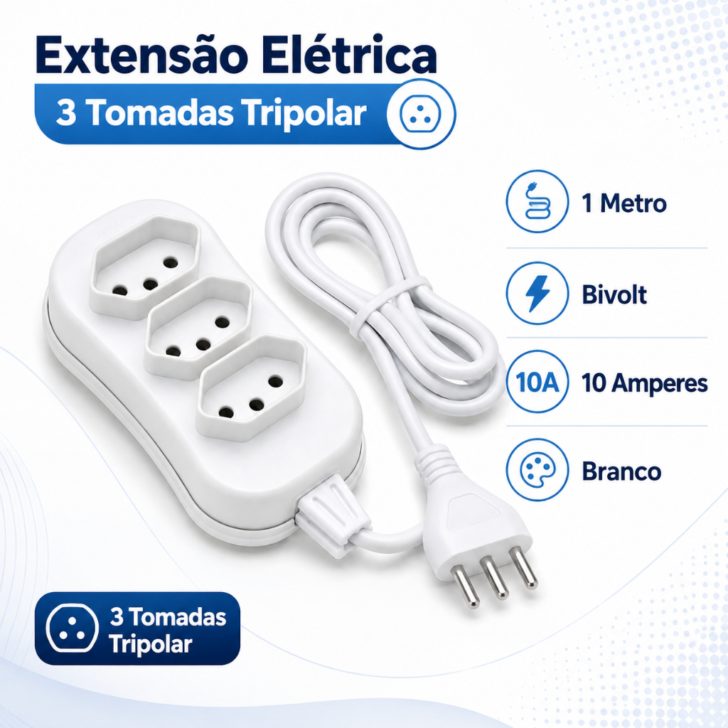 Extensão Elétrica Tripolar Bivolt Slim 1 Metro Branco Casa e Escritório Force Line