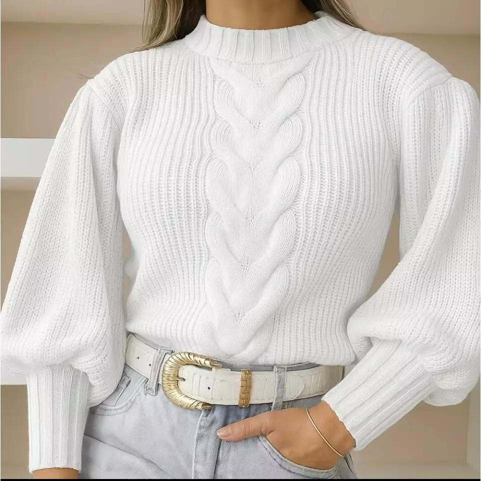 Blusa Poliéster Feminina Tricot Manga Longa com Trança Central Inverno - Nuvem de Lã — imagem 1