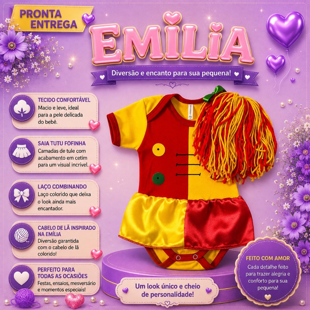 Body Luxo Emília para Bebê – Mesversário com Tule Sofisticado, Laço ou Tiara