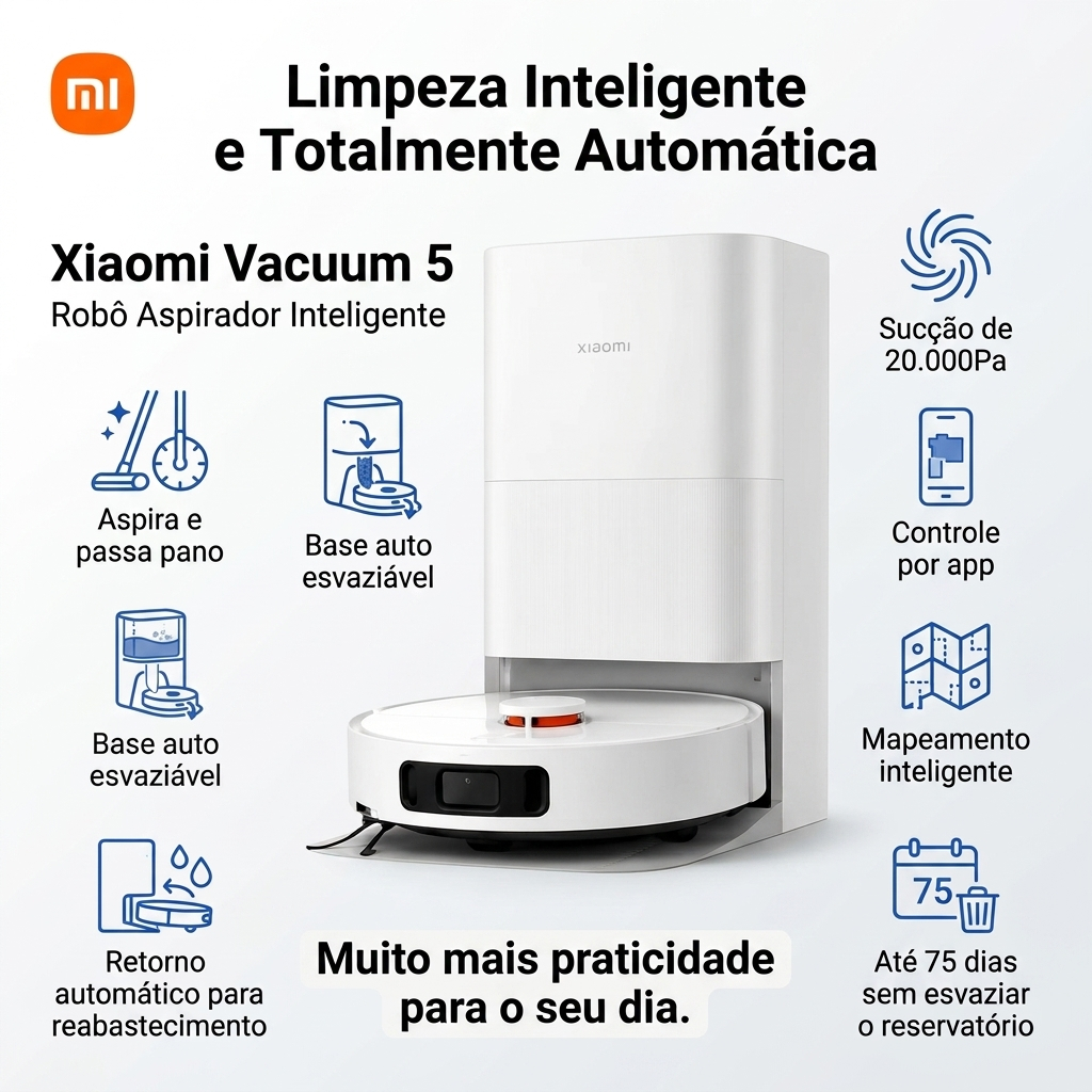 Robo Aspirador Xiaomi Vacuum 5 20.000 Pa com base auto limpante e auto esvaziave